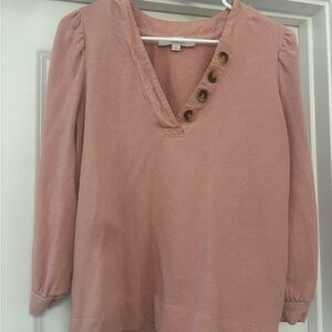 LOFT Blush V-Neck Blouse with Button Accents
